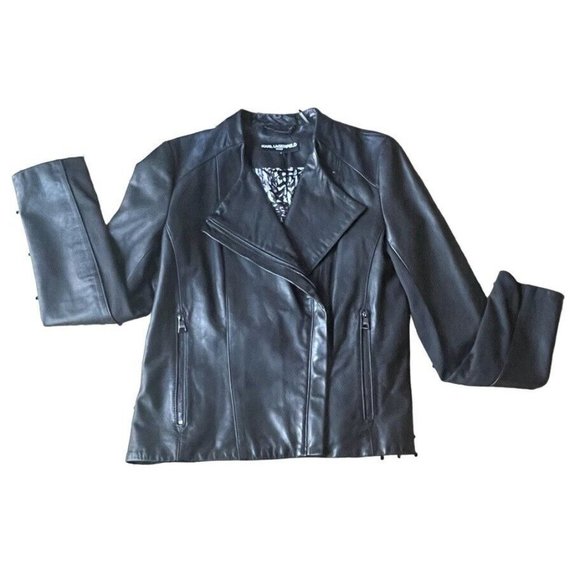 Karl Lagerfeld Paris Biker Moto Leather Jacket Geometric Lined Black Medium Wmns